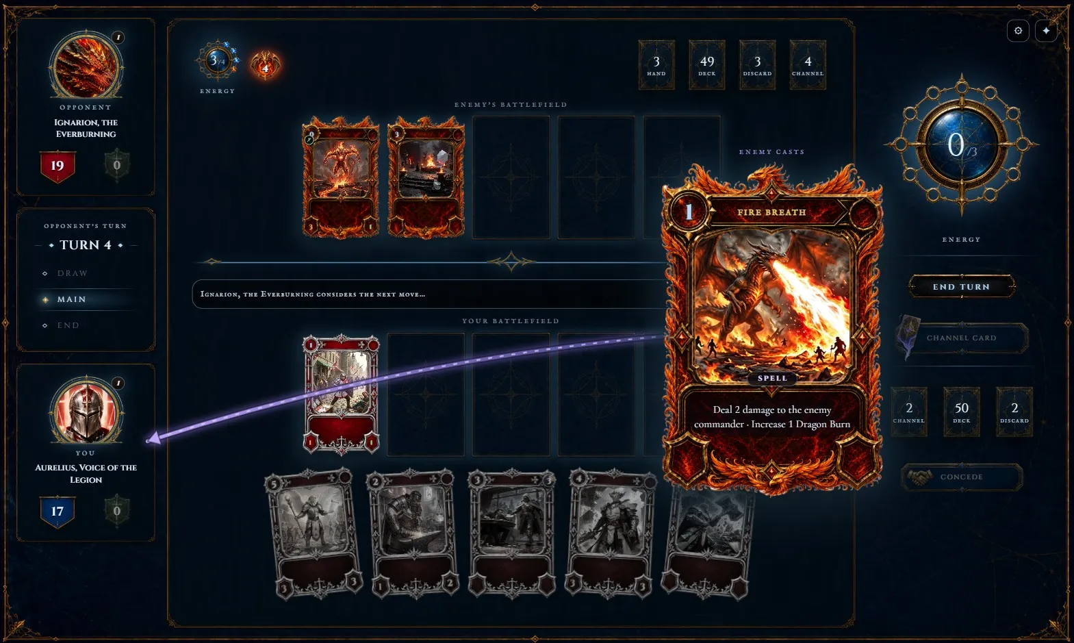 A duel underway: two commanders facing each other at nineteen and seventeen health, minions held on both battlefields, a hand of cards along the bottom, and the opponent casting a spell that deals damage to the enemy commander.