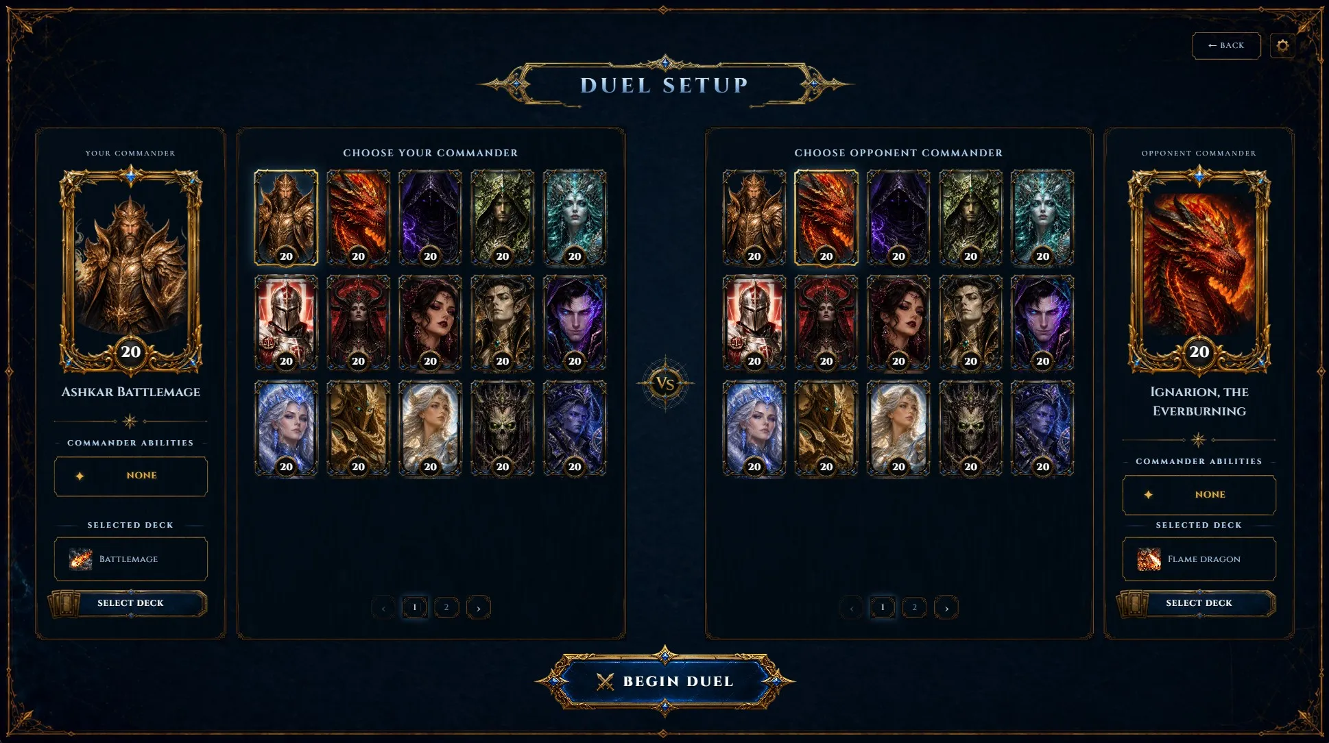 Setting up a duel: two grids of illustrated commanders, one for your side and one for the opponent, each starting at twenty health, with the chosen commander and deck shown on either edge and a button to begin.