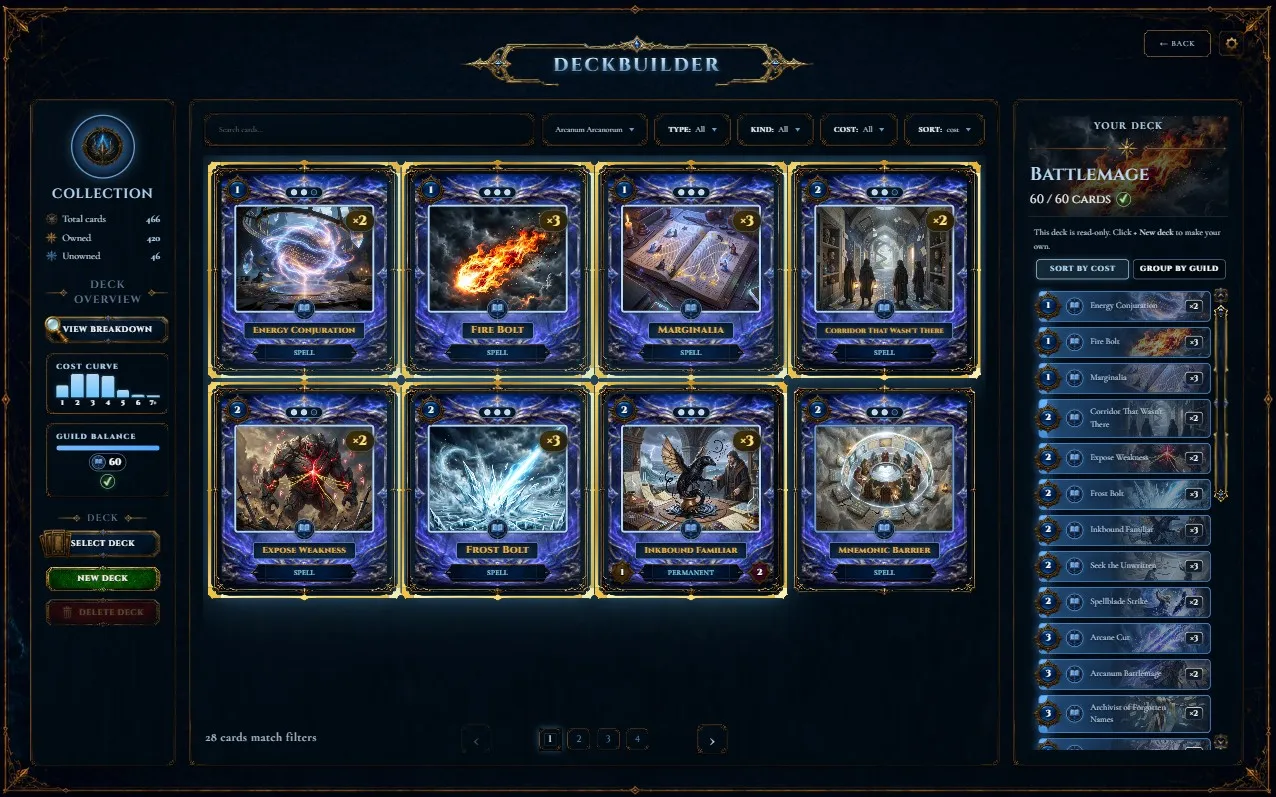 The deckbuilder: a sixty-card deck being assembled, with the cards on the left, the deck list and its copy counts on the right, and a panel showing the cost curve and how the deck is balanced across guilds.