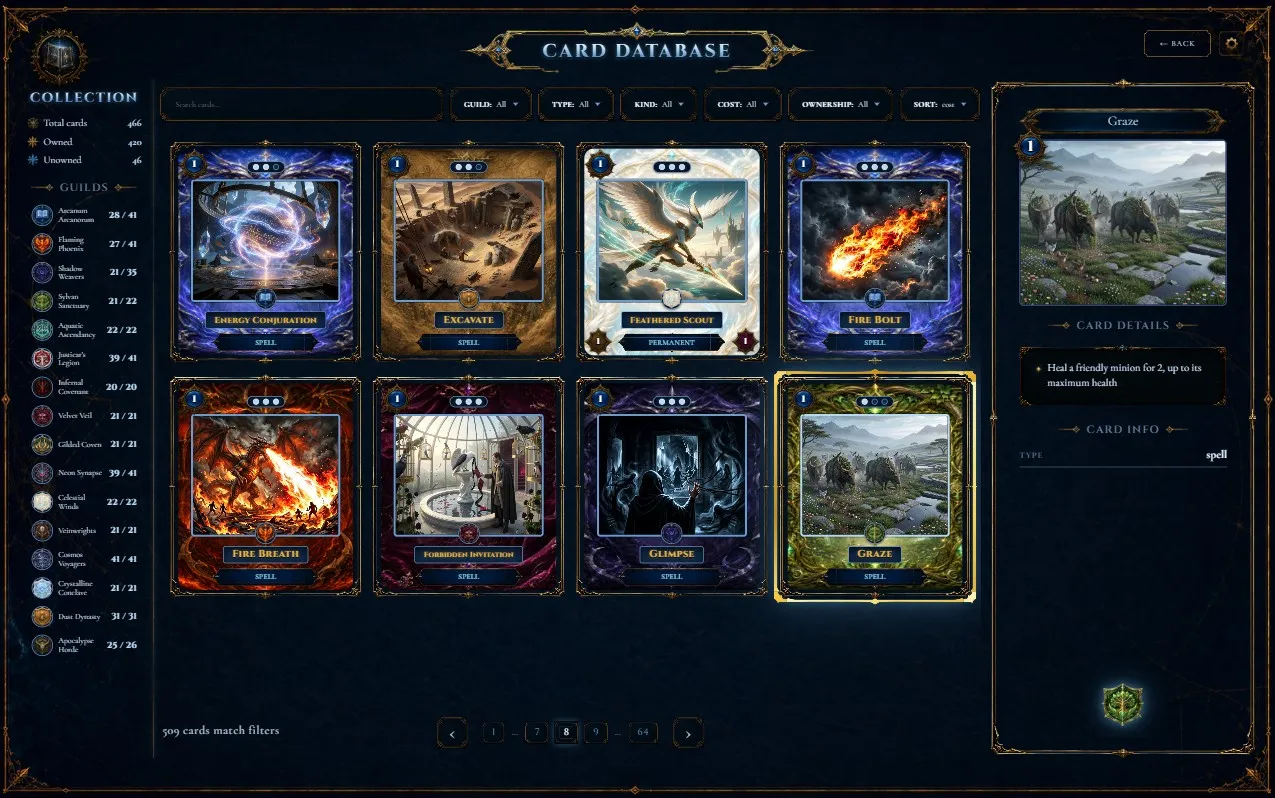 The card database: a grid of illustrated cards with their guild colours and costs, filters for guild, type, cost and ownership, a sidebar counting how many cards of each guild are owned, and a detail panel showing the selected card and what it does.