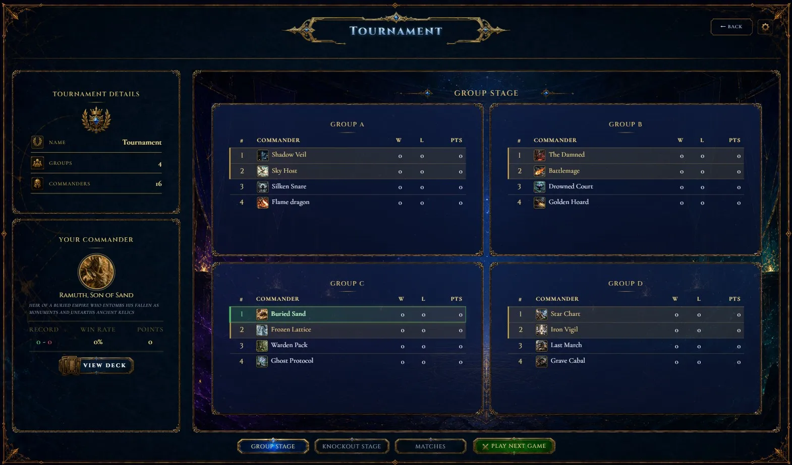 A tournament group stage: sixteen commanders drawn into four groups, each table listing wins, losses and points, with your own commander and record shown alongside.