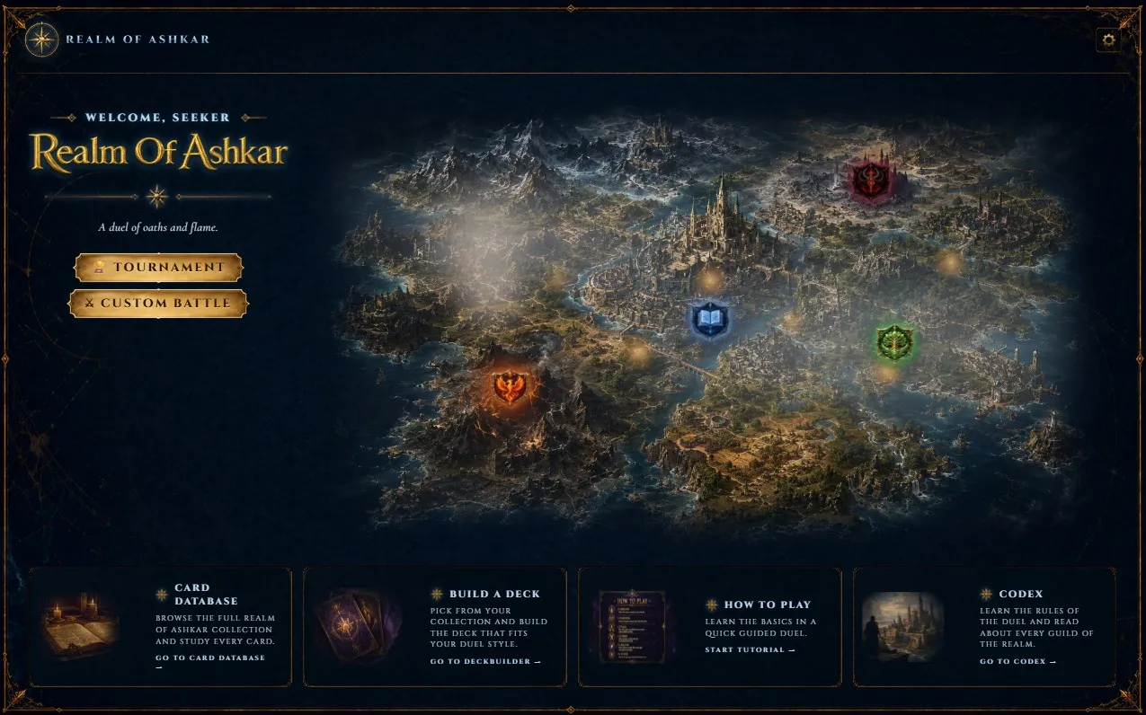 The game's main menu: a painted map of the realm marked with glowing guild sigils, buttons for tournament and custom battle, and panels linking to the card database, the deckbuilder, a tutorial, and the codex.