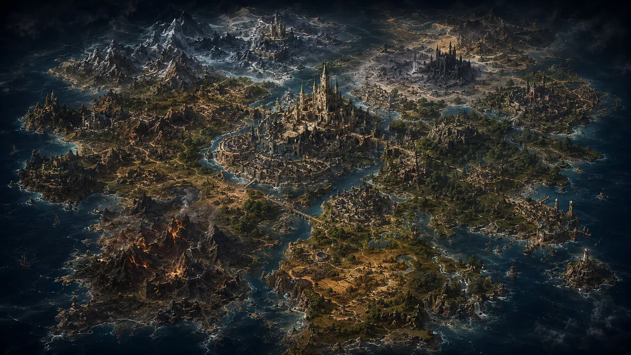 An aerial view of the realm of Ashkar: a spired capital walled at the centre of a river delta, snow-capped mountains to the north, a burning volcanic range to the south-west, and scattered island holds across the surrounding seas.